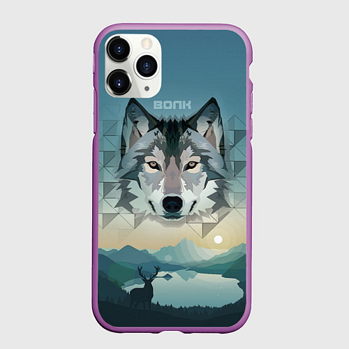 Чехол iPhone 11 Pro матовый Серый волк - голова / 3D-Фиолетовый – фото 1