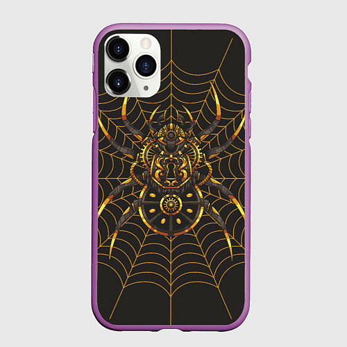 Чехол iPhone 11 Pro матовый Стимпанк паук в паутине / 3D-Фиолетовый – фото 1