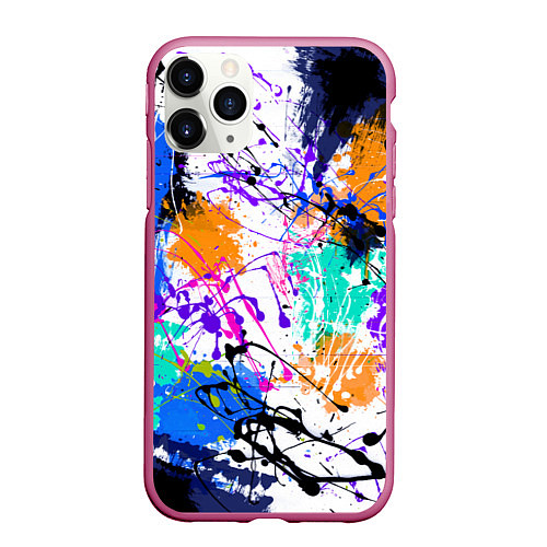 Чехол iPhone 11 Pro матовый Брызги и мазки разноцветных красок на белом фоне / 3D-Малиновый – фото 1