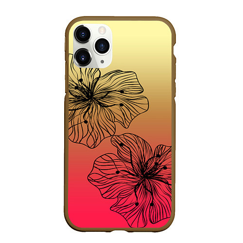 Чехол iPhone 11 Pro матовый Черные абстрактные цветы на красно-желтом градиент / 3D-Коричневый – фото 1