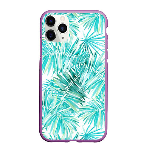 Чехол iPhone 11 Pro матовый Листья Пальмы Нарисованные Акварелью / 3D-Фиолетовый – фото 1