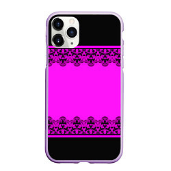 Чехол iPhone 11 Pro матовый Черное кружево на неоновом розовом фоне
