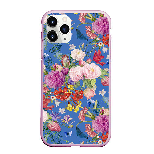 Чехол iPhone 11 Pro матовый Цветы Розовый Букет На Синем Фоне / 3D-Розовый – фото 1