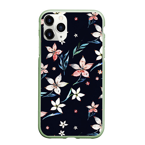Чехол iPhone 11 Pro матовый Цветы Нарисованные Акварелью На Чёрном Фоне / 3D-Салатовый – фото 1
