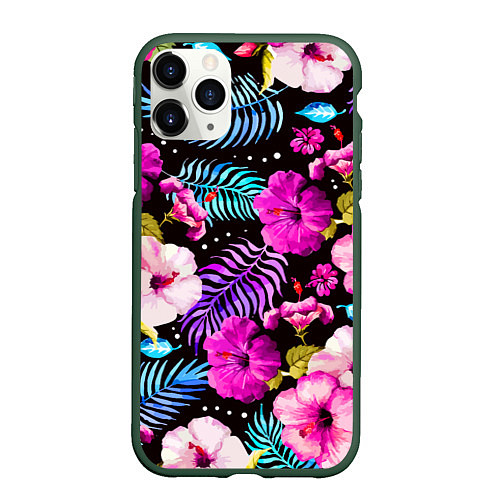 Чехол iPhone 11 Pro матовый Floral pattern Summer night Fashion trend / 3D-Темно-зеленый – фото 1