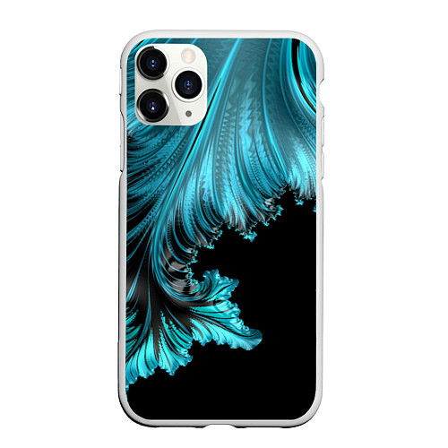 Чехол iPhone 11 Pro матовый Черный с голубым неоновый фрактал Ледяная абстракц / 3D-Белый – фото 1