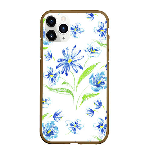 Чехол iPhone 11 Pro матовый Цветы Синие Нарисованные Карандашами / 3D-Коричневый – фото 1
