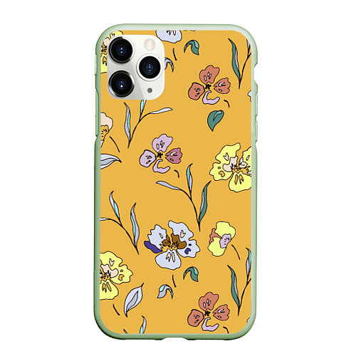 Чехол iPhone 11 Pro матовый Цветы Нарисованные На Золотом Фоне / 3D-Салатовый – фото 1