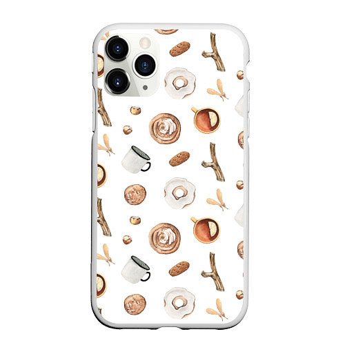 Чехол iPhone 11 Pro матовый Узор Кружка, Печенье, Пончик / 3D-Белый – фото 1