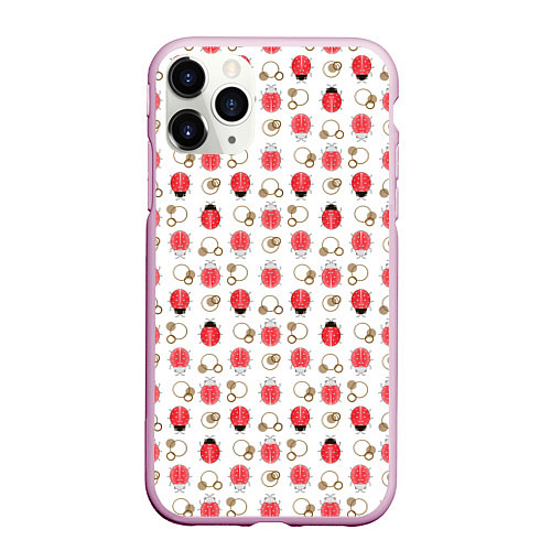 Чехол iPhone 11 Pro матовый Забавные Божьи коровки на белом фоне / 3D-Розовый – фото 1