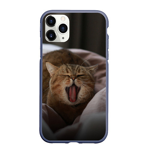 Чехол iPhone 11 Pro матовый Эх, поспать бы! Зевающий котяра / 3D-Серый – фото 1