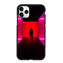 Чехол iPhone 11 Pro матовый Неоновый коридор и человек - Розовый, цвет: 3D-черный