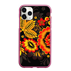 Чехол iPhone 11 Pro матовый Хохломская Роспись Цветы На Тёмном Фоне, цвет: 3D-малиновый