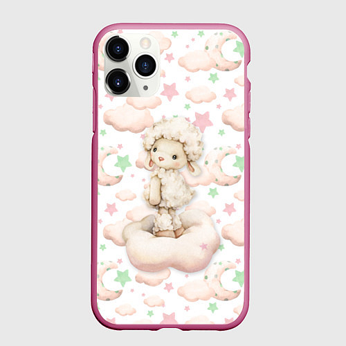 Чехол iPhone 11 Pro матовый Овечка на облачке на белом / 3D-Малиновый – фото 1