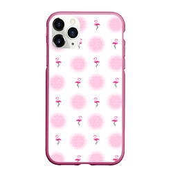 Чехол iPhone 11 Pro матовый Фламинго и круги на белом фоне