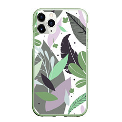 Чехол iPhone 11 Pro матовый Зелёные, серые, голубые, сиреневые листья на белом, цвет: 3D-салатовый