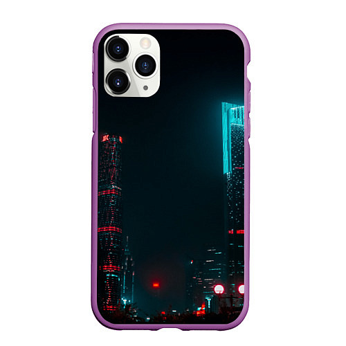 Чехол iPhone 11 Pro матовый Неоновые высотки в городе - Светло-синий / 3D-Фиолетовый – фото 1