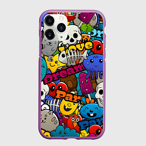 Чехол iPhone 11 Pro матовый Красочный паттерн из мультяшных героев / 3D-Фиолетовый – фото 1