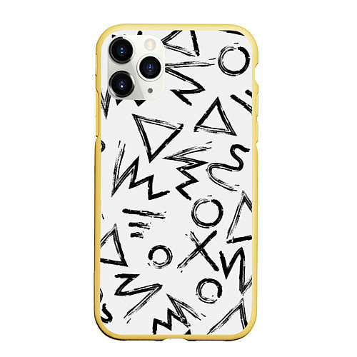 Чехол iPhone 11 Pro матовый Крестики, Нолики и Треугольники Нарисованные Кисть / 3D-Желтый – фото 1