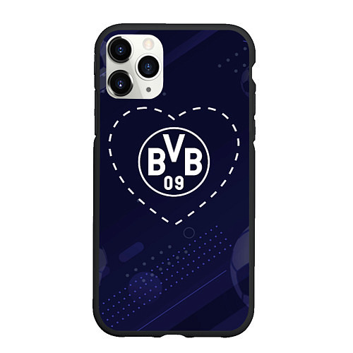 Чехол iPhone 11 Pro матовый Лого Borussia в сердечке на фоне мячей / 3D-Черный – фото 1