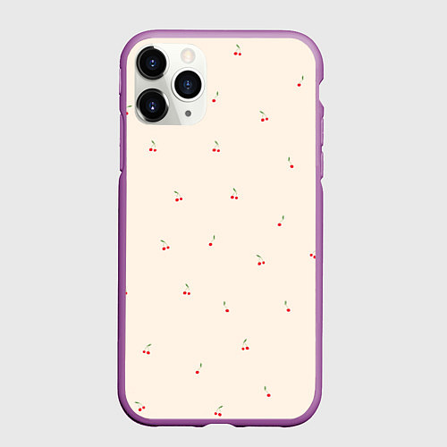 Чехол iPhone 11 Pro матовый Вишня на бежевом фоне / 3D-Фиолетовый – фото 1