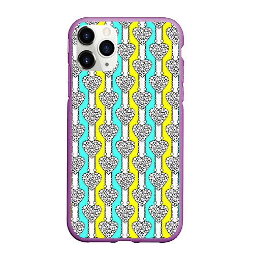 Чехол iPhone 11 Pro матовый Striped multicolored pattern with hearts / 3D-Фиолетовый – фото 1