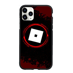 Чехол iPhone 11 Pro матовый Символ Roblox и краска вокруг на темном фоне