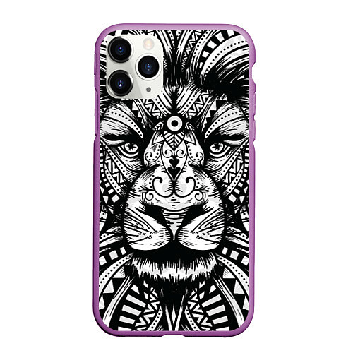 Чехол iPhone 11 Pro матовый Черно белый Африканский Лев Black and White Lion / 3D-Фиолетовый – фото 1