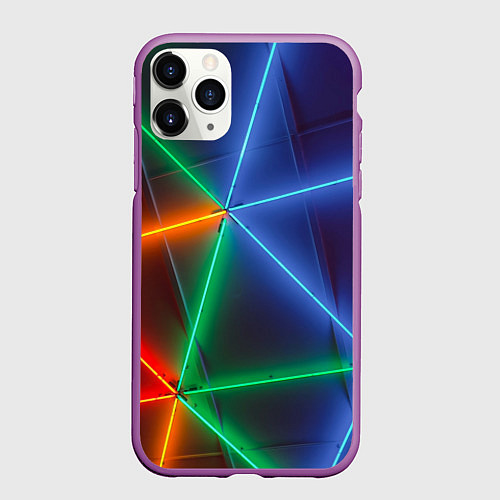 Чехол iPhone 11 Pro матовый Неоновые лучи разных цветов - Синий / 3D-Фиолетовый – фото 1