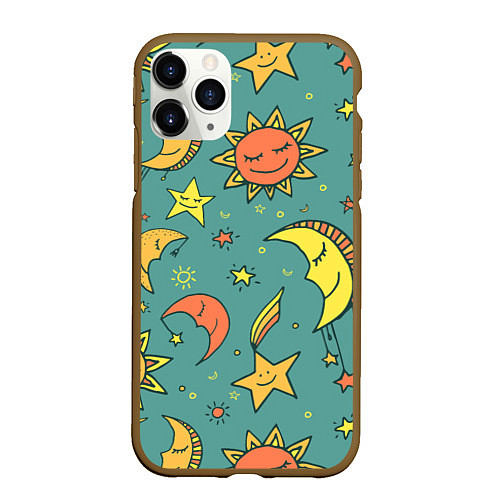 Чехол iPhone 11 Pro матовый Солнце, Луна и Звёзды / 3D-Коричневый – фото 1