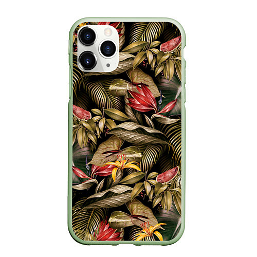 Чехол iPhone 11 Pro матовый Райский сад цветы и фрукты / 3D-Салатовый – фото 1