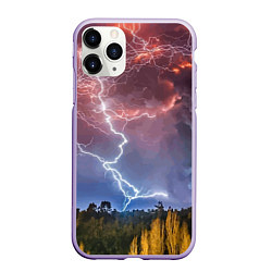 Чехол iPhone 11 Pro матовый Грозовые разряды молний над лесом, цвет: 3D-светло-сиреневый