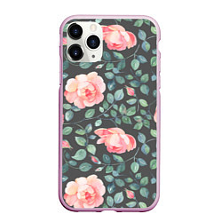 Чехол iPhone 11 Pro матовый Розовые розы на сером фоне Цветы