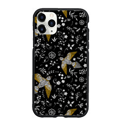 Чехол iPhone 11 Pro матовый Птицы и цветы с эффектом вышивки, цвет: 3D-черный