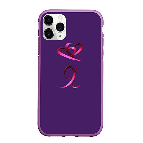 Чехол iPhone 11 Pro матовый Два объемных розовых сердца и буква Я / 3D-Фиолетовый – фото 1