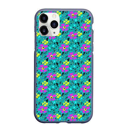 Чехол iPhone 11 Pro матовый Яркий цветочный узор на бирюзовом фоне / 3D-Серый – фото 1