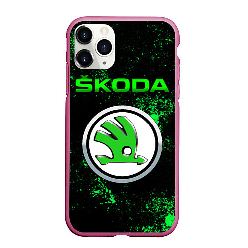 Чехол iPhone 11 Pro матовый SKODA - ЗЕЛЕНЫЕ БРЫЗГИ / 3D-Малиновый – фото 1