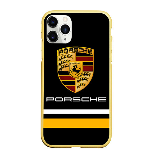 Чехол iPhone 11 Pro матовый PORSCHE - Две линии / 3D-Желтый – фото 1