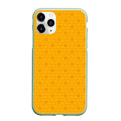 Чехол iPhone 11 Pro матовый Желтые кирпичики и цветы / 3D-Салатовый – фото 1