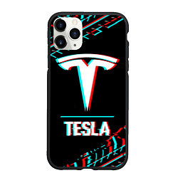 Чехол iPhone 11 Pro матовый Значок Tesla в стиле Glitch на темном фоне