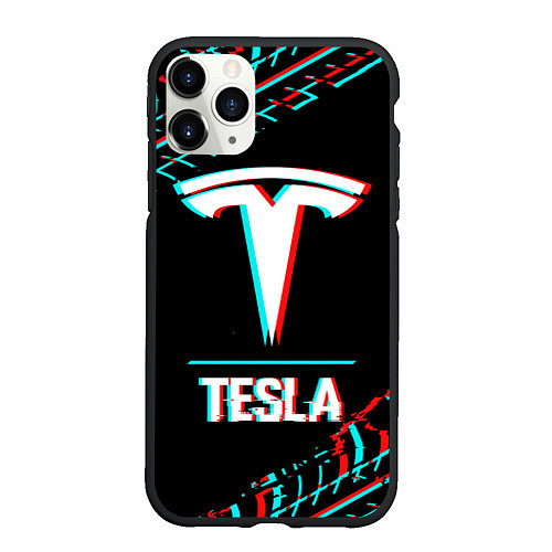 Чехол iPhone 11 Pro матовый Значок Tesla в стиле Glitch на темном фоне / 3D-Черный – фото 1