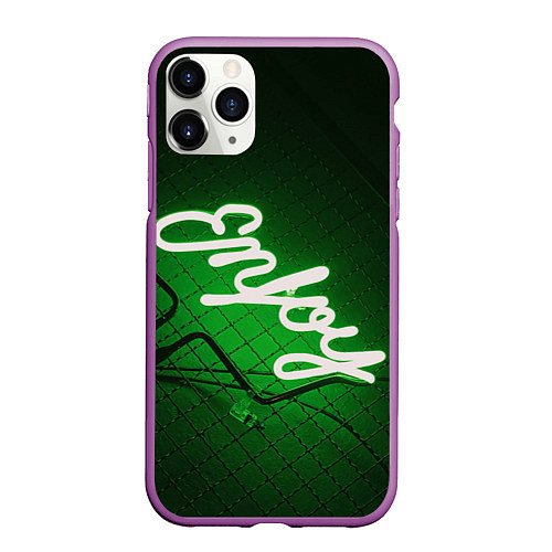 Чехол iPhone 11 Pro матовый Неоновая надпись во тьме: Наслаждайся - Зелёный / 3D-Фиолетовый – фото 1