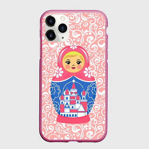 Чехол iPhone 11 Pro матовый Матрешка в узорах / 3D-Малиновый – фото 1