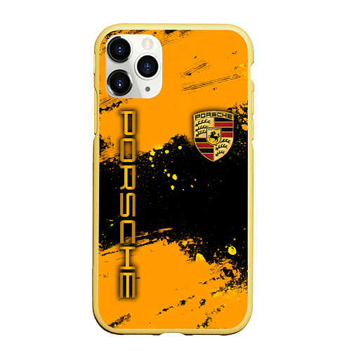 Чехол iPhone 11 Pro матовый PORSCHE - ОРАНЖЕВЫЕ БРЫЗГИ / 3D-Желтый – фото 1