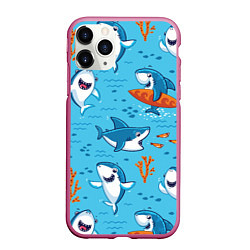 Чехол iPhone 11 Pro матовый Прикольные акулята - паттерн, цвет: 3D-малиновый