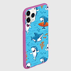 Чехол iPhone 11 Pro матовый Прикольные акулята - паттерн, цвет: 3D-фиолетовый — фото 2