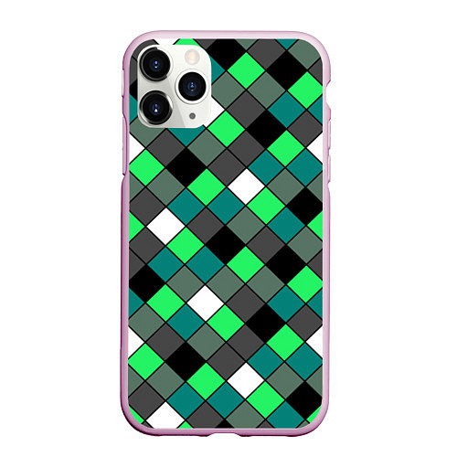 Чехол iPhone 11 Pro матовый Геометрический узор в зеленых и черный тонах / 3D-Розовый – фото 1