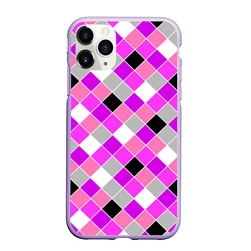 Чехол iPhone 11 Pro матовый Розовый черный узор в клетку / 3D-Светло-сиреневый – фото 1