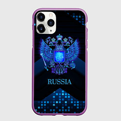 Чехол iPhone 11 Pro матовый Синий неоновый герб России, цвет: 3D-фиолетовый