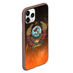 Чехол iPhone 11 Pro матовый Герб СССР на фоне огня, цвет: 3D-коричневый — фото 2